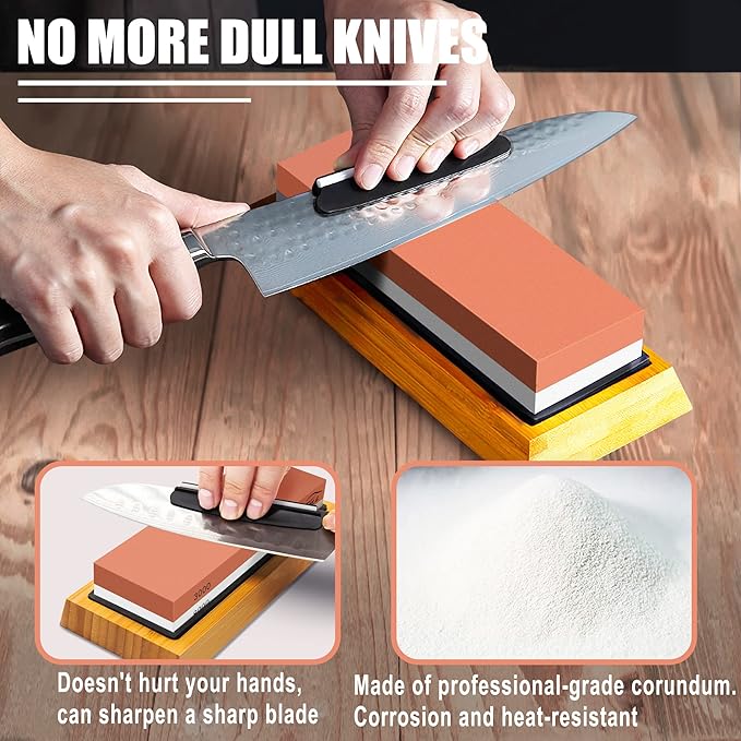 HMPLL Knife Sharpening Stone Set, Professional Whetstone 4 Side Grit 400/1000 3000/8000, Whetstone Knife Sharpener Stone Set Include Non-slip Base, Leather Strop, Flattening Stone & Angle Guide - Image 5
