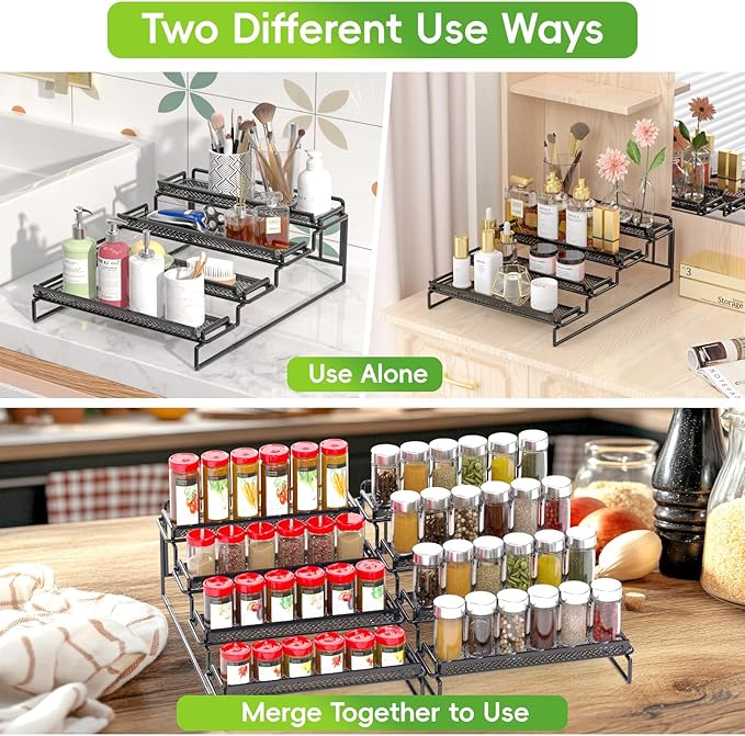 4 Tier Adjustable Spice Rack Organizer for Cabinet - Black (2 PCS S&L) Expandable Spice Shelf with Protection Railing for Inside Cabinets, Countertop, Pantry Storage & Seasoning Organization - Image 7