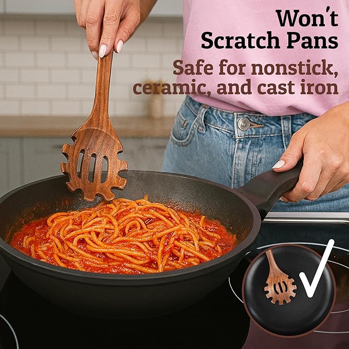 PriorityChef Premium Wooden Pasta Spoon - Handcrafted Teak Wood Spaghetti Spoon with Teeth - Durable Wooden Spaghetti Utensil - Wooden Pasta Fork and Spaghetti Noodle Spoon for Serving