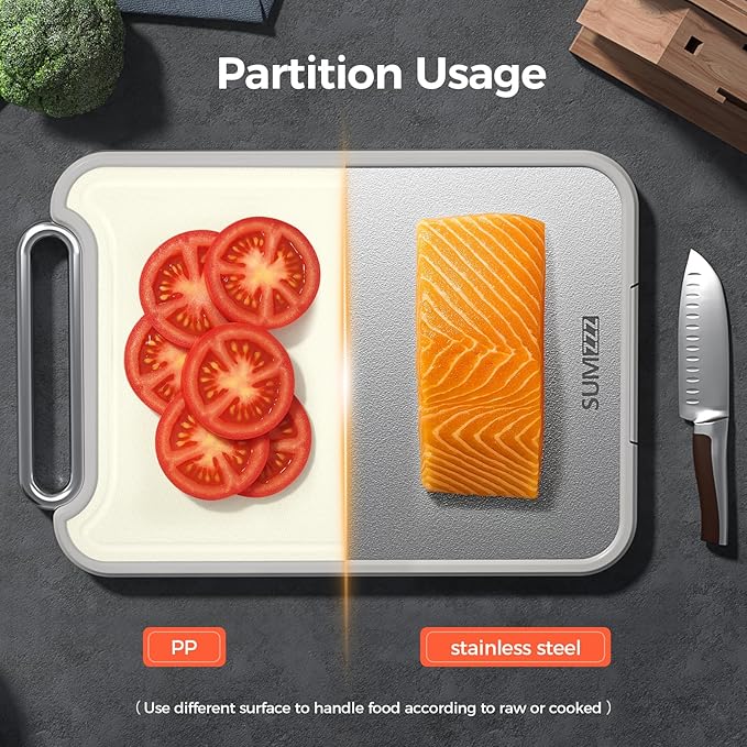 Sumzzz 2-in-1 Stainless Steel Cutting Board, Double-Sided for Raw Meat & Vegetables, Dishwasher Safe, Easy to Clean, Non-Slip Large Chopping Board with Juice Groove, Ideal for Home Kitchen (16”×11”) - Image 6