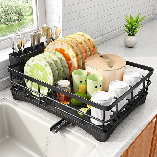 Dish Drying Rack - Rust Resistant Dish Drainer for Kitchen Counter with Drainboard & Rotating Spout, Large-Capacity Dish Rack with Removable Utensil Holder, Space-saving kitchen organizer, Black by SAYZH