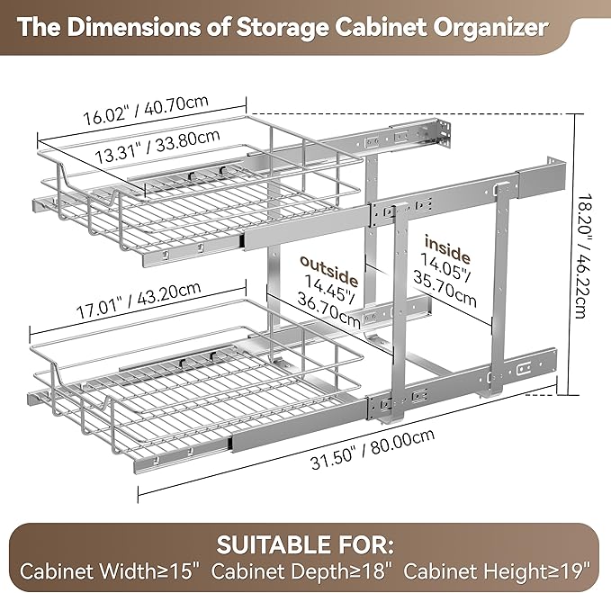 2 Tier Pull Out Cabinet Organizer 15" W X 17" D, Slide Out Drawers for Kitchen Cabinets, Pull Out Drawers for Cabinets Capacity Heavy Duty Caddy, Cabinet Pullout Shelves Chrome-Plated,Bathroom Pantry - Image 2