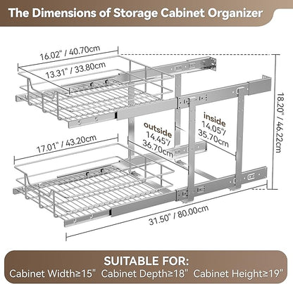 2 Tier Pull Out Cabinet Organizer 15" W X 17" D, Slide Out Drawers for Kitchen Cabinets, Pull Out Drawers for Cabinets Capacity Heavy Duty Caddy, Cabinet Pullout Shelves Chrome-Plated,Bathroom Pantry - Image 2