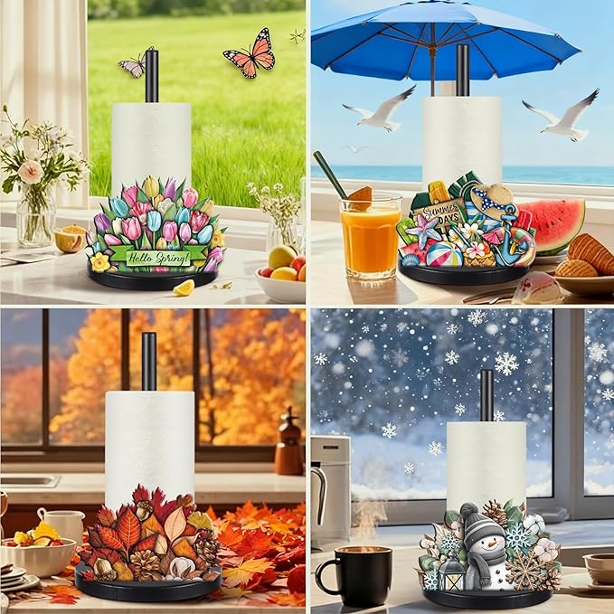 LemonRoad 17 Pcs Memorial Day Holiday Interchangeable Kitchen Paper Towel Holder Wooden Sunflower 4th of July Seasonal Countertop Paper Towel Holder with Holiday Sign for Home Bathroom(Fresh) - Image 3