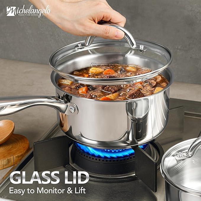 MICHELANGELO Saucepan Set 6pc, 18/10 Stainless Steel Saucepans with Lids, Tri-Ply Bottom, Dual Handle 3QT, Induction Compatible Sauce Pots, 1QT & 2QT & 3QT - Image 5