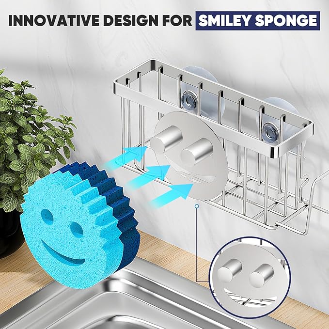 MURLONG Sponge Holder for Kitchen Sink,Sink Caddy Smiley Face,4-in-1 Sponge Holder with Suction Cups & 1 PCS Adhesive Strips for Holding Soap,Brush,Scrubber,Sponge,Stopper-Silver - Image 4
