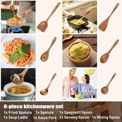 Wooden Spoons - Wooden Spoons for Cooking,Natural Wooden Kitchen Utensils Set Non Toxic,6-Piece Wooden Cooking Utensils(A06) - Image 4
