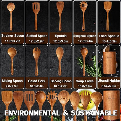 Wooden Spoons for Cooking,Wooden Cooking Utensil Set,10-Piece Wooden Kitchen Utensil Set with Wooden Spoons(A10) - Image 3