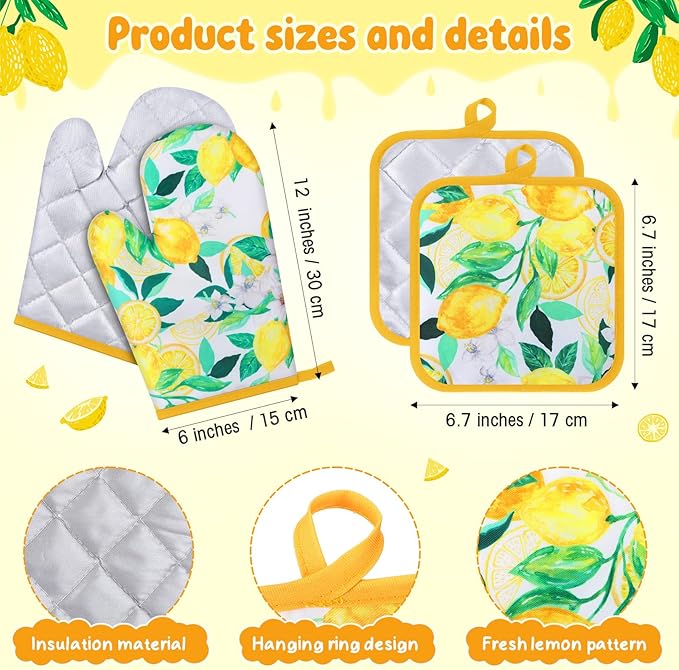 4 Pcs Oven Mitts and Pot Holders Cute Lemon Oven Gloves and Pot Holders Heat Resistant Non Slip Ovens Mitts for Cooking Baking Accessories Fruit Themed Kitchen Linens, 6"x12" - Image 2