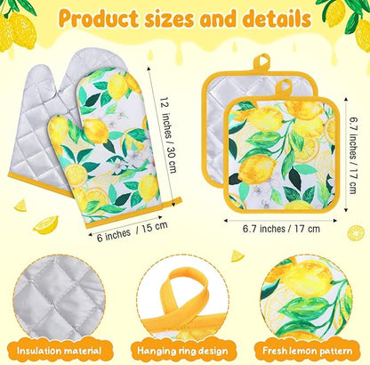4 Pcs Oven Mitts and Pot Holders Cute Lemon Oven Gloves and Pot Holders Heat Resistant Non Slip Ovens Mitts for Cooking Baking Accessories Fruit Themed Kitchen Linens, 6"x12" - Image 2