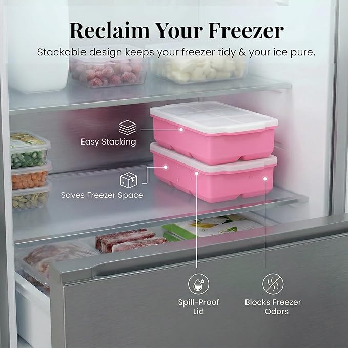 KitchFort Large Silicone Ice Cube Tray (2-Pack), Easy Release 2" Big Ice Cubes - Cocktail, Whiskey Ice Cubes Mold - Ice Trays for Freezer with Lid - Stackable Silicone Ice Tray - Pink - Image 5
