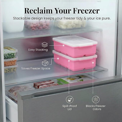 KitchFort Large Silicone Ice Cube Tray (2-Pack), Easy Release 2" Big Ice Cubes - Cocktail, Whiskey Ice Cubes Mold - Ice Trays for Freezer with Lid - Stackable Silicone Ice Tray - Pink - Image 5