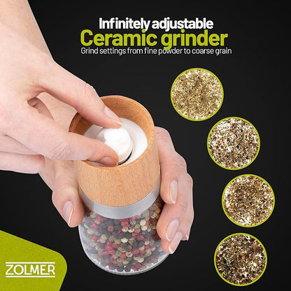 ZOLMER® Wooden Salt and Pepper Grinder Set | Natural Manual Ceramic Mill - Stylish Chili Mill, Pepper Grinder, and Salt Grinder [No Spices Included]