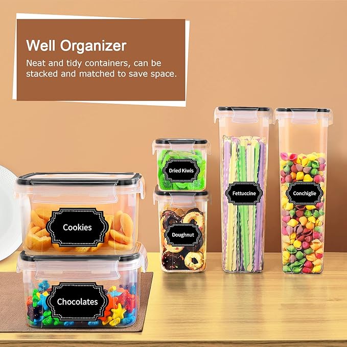 PRAKI Airtight Food Storage Containers Set, 16 Pcs BPA Free Plastic Dry Food Canisters for Kitchen Pantry Organization and Storage Ideal for Cereal, Flour & Sugar - Labels, Marker(Black) - Image 6