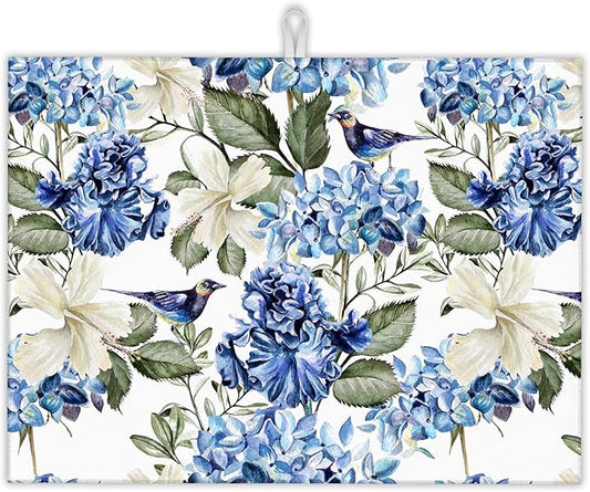 Blue Hydrangea Flowers Dish Drying Mat,Bird Drying Rack Pad Countertop Dishes Ultra Absorbent Microfiber Kitchen Counter Mat for Coffee Countertop Decor 18x24 Inch