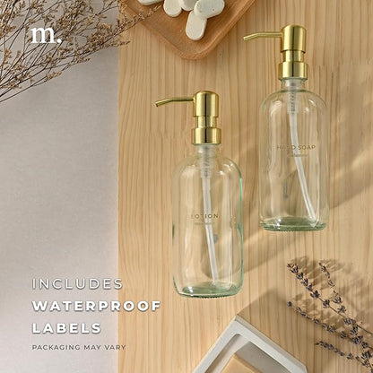 MaisoNovo Soap Dispenser 2-Piece Set | 16.9oz Clear Bottles with Gold Stainless Steel Pump Core