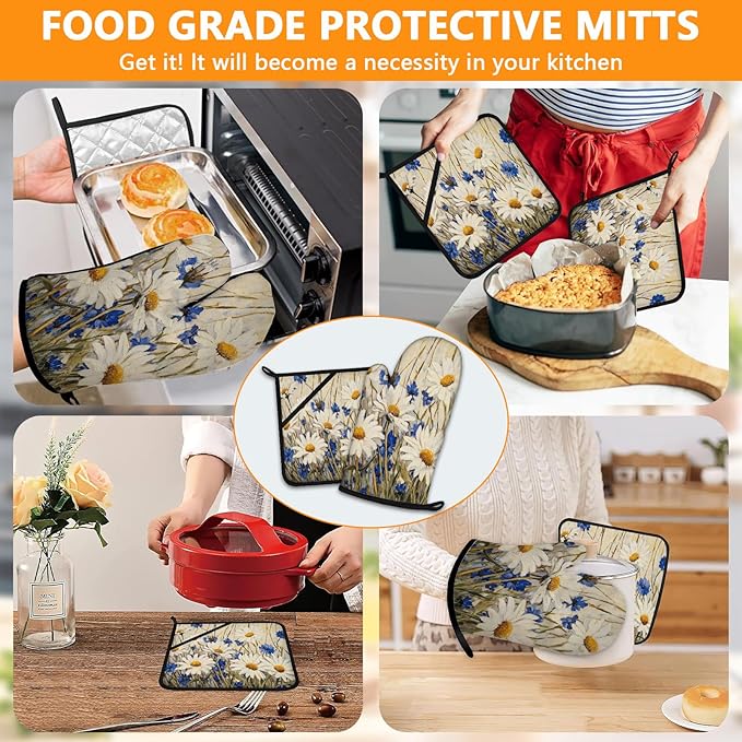 Daisy Flowers Oven Mitts and Pot Holders Sets 4Pcs,Extra Long Oven Gloves Potholder for Kitchen Cooking Baking BBQ 100% Cotton Heat Resistant - Image 7