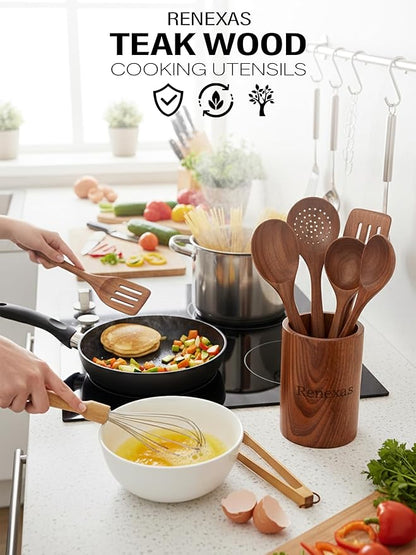 9-Piece Teak Wooden Kitchen Utensil Set – Nonstick Safe Cooking Spoons & Spatulas, Heat Resistant, Durable Natural Wood, Comfortable Grip Handles
