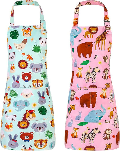 2 Pack Kids Apron, Cute Cooking Aprons, Waterproof Art Apron with Pockets, Toddler Painting Artist Apron Adjustable