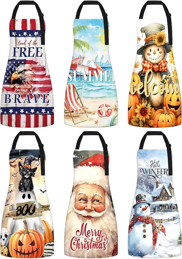 Bencailor 6 Pcs Spring Kitchen Aprons with Pockets Flower Rooster Bee Butterfly Sunflower Summer Aprons Bulk for Women(Colorful,Mixed Festival) by Bencailor