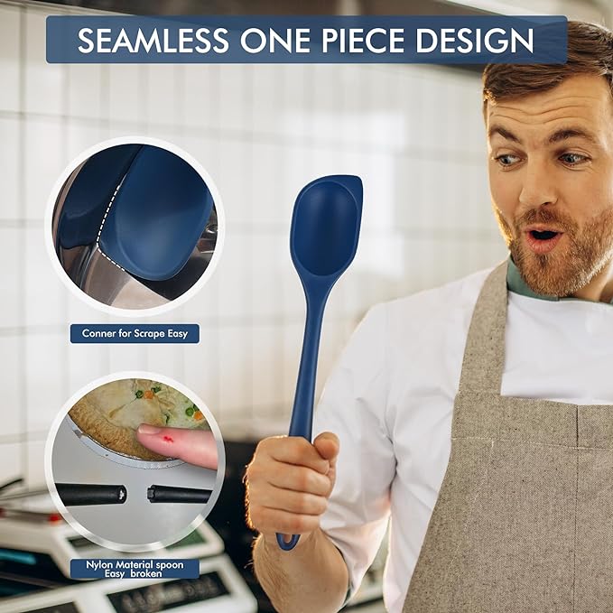 HOTEC 446°F Heat Resistant Silicone Cooking Spoon Spatula, BPA Free Large Kitchen Solid and Slotted Spoons for Mixing, Serving, Scraping, Non-stick, Dishwasher Safe Classic Blue 12.5inch - Image 4