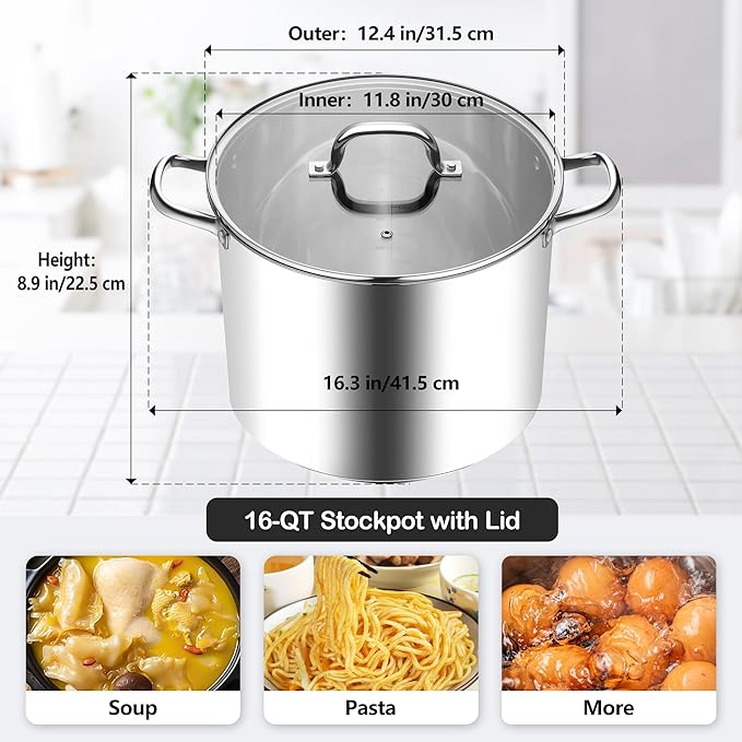 Homikit 16 Quart Stainless Steel Stock Pot, Large Sauce Soup Pot with Lid & Handles, Heavy Duty Cookware for Canning Steaming Simmering, Induction Stockpot Compatible All Cooktops, Dishwasher Safe - Image 2