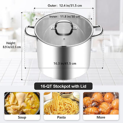 Homikit 16 Quart Stainless Steel Stock Pot, Large Sauce Soup Pot with Lid & Handles, Heavy Duty Cookware for Canning Steaming Simmering, Induction Stockpot Compatible All Cooktops, Dishwasher Safe - Image 2