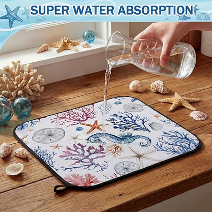 Breling Summer Dish Drying Mat Beach Kitchen Dry Mat 16 x 18 Inch Seahorse Blue Coral Table Dishes Pad Microfiber Absorbent Drying Reusable Washable Pad Kitchen Accessories for Home Decor