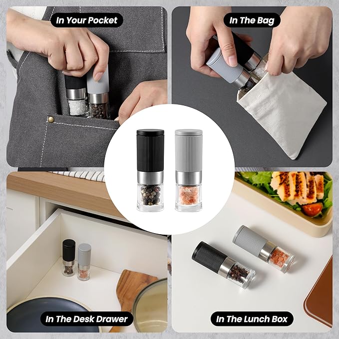 Mini Salt and Pepper Grinder Set, Small Tiny Adjustable Coarseness Ceramic Salt Grinder with Funnel and Bag Portable Handy Spice Pepper Mill Shaker For Outdoor Party Lunch Bag Kitchen