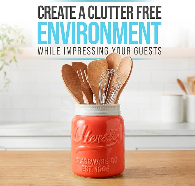 Comfify Wide Mouth Mason Jar Utensil Holder Decorative Kitchenware Organizer Crock, Dishwasher Safe - Kitchen Caddy, Large Size 7" High - Coral - Image 2