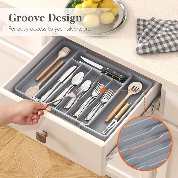 Lifewit Silverware Drawer Organizer, Expandable Utensil Tray for Kitchen, BPA Free Flatware and Cutlery Holder, Adjustable Plastic Storage for Spoons Forks Knives, 10.9"-17.5" x 13.7", Gray - Image 8