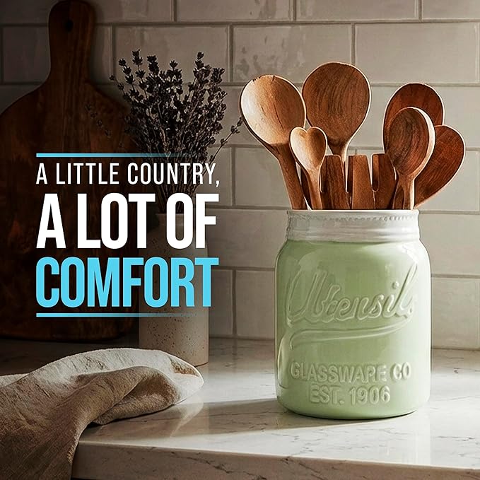 Comfify Wide Mouth Mason Jar Utensil Holder Decorative Kitchenware Organizer Crock, Dishwasher Safe - Kitchen Caddy Green, Large Size 7" Hight - Image 5
