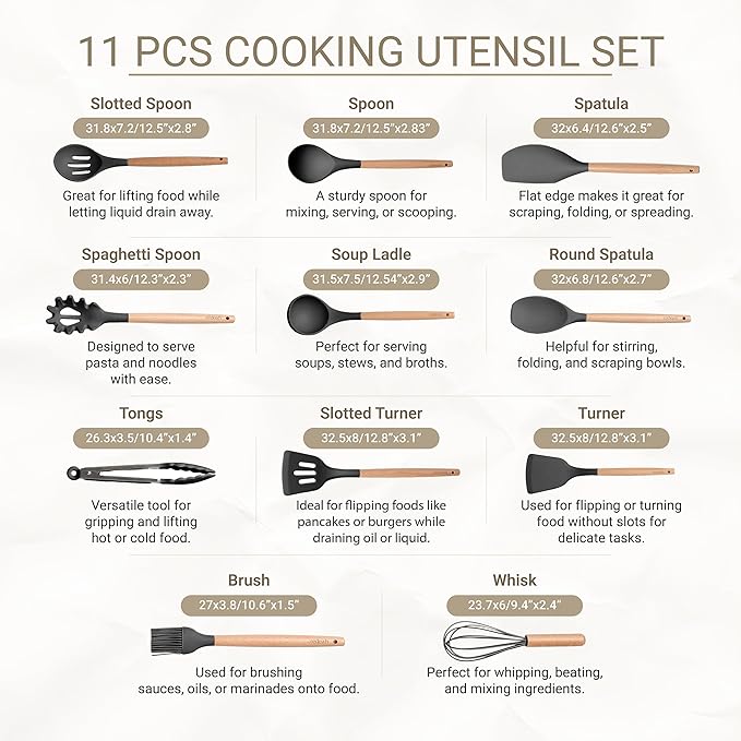 11-Piece Silicone Kitchen Utensils Set with Non Toxic Spatula, Tongs, Whisk, Turner & Ladle – Heat Resistant, Non-Scratch Cooking Tools with Wooden Handles, BPA-Free, Dishwasher Safe (Black) - Image 2
