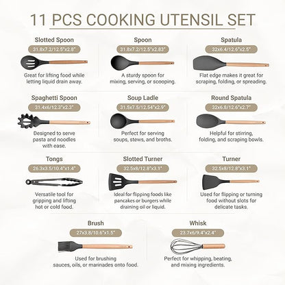11-Piece Silicone Kitchen Utensils Set with Non Toxic Spatula, Tongs, Whisk, Turner & Ladle – Heat Resistant, Non-Scratch Cooking Tools with Wooden Handles, BPA-Free, Dishwasher Safe (Black) - Image 2