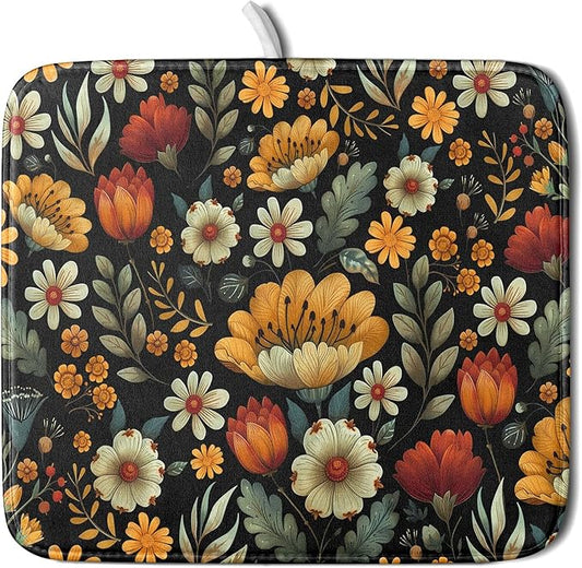 Vintage Boho Floral Dish Drying Mat for Kitchen Counter,Yellow Beige Black Spring Flower Drying Mat 16 x18 Inch with Absorbent Reversible Microfiber Drying Pad for Coffee Bar by Anyako