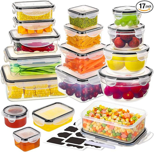 34 PCS Food Storage Containers with Lids Airtight(17 Lids &17 Containers) - Microwave/Dishwasher Safe 100% Leakproof Storage Containers for Meal Prep Kitchen Storage Organization with Labels & Pen by JSCARES