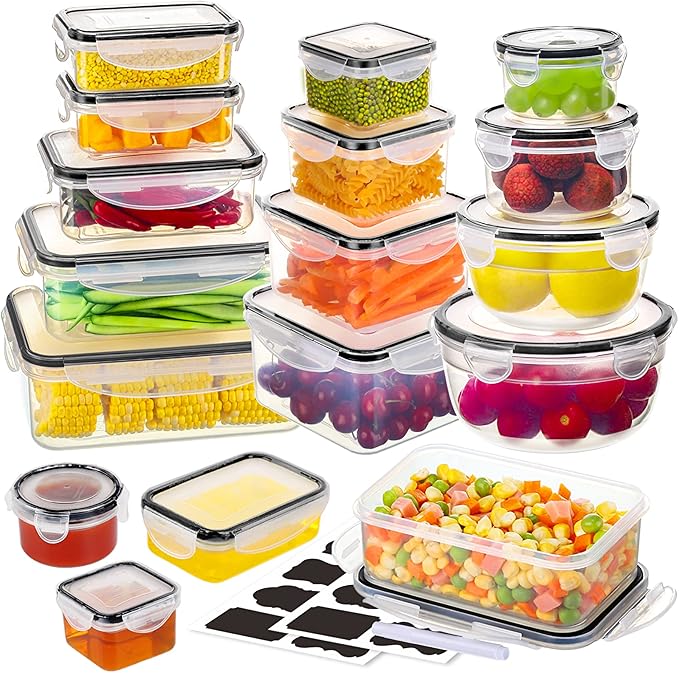 34 PCS Food Storage Container with Lid (17 Lids & 17 Containers) - Reusable Plastic Food Containers for Kitchen Storage and Organization BPA-Free Leakproof Meal Prep Container with Labels & Pen by TOPCHASE