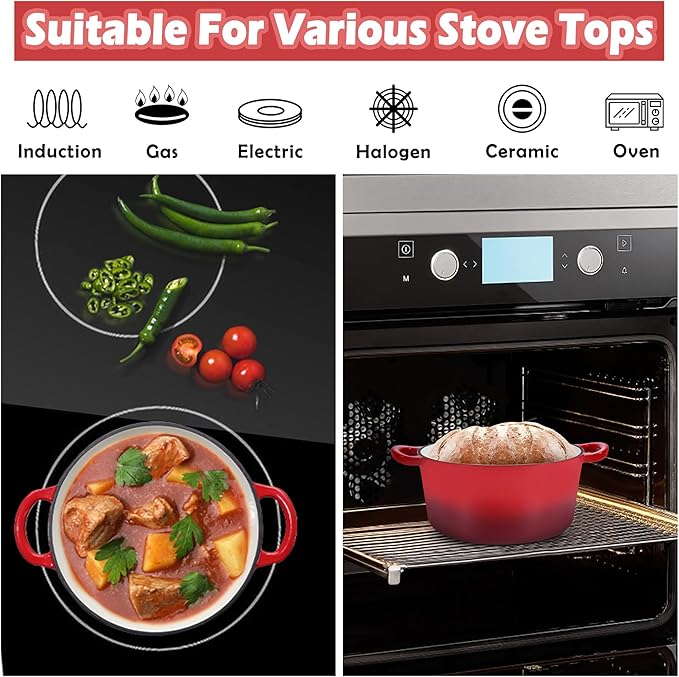 TeamFar 3qt Dutch Oven, Small Enameled Cast Iron Dutch Oven Pot with Lid, For Bread Baking/Stewing/Braising/Frying, Various Stoves & Oven Safe, Non-stick & Easy Clean, Red - Image 5