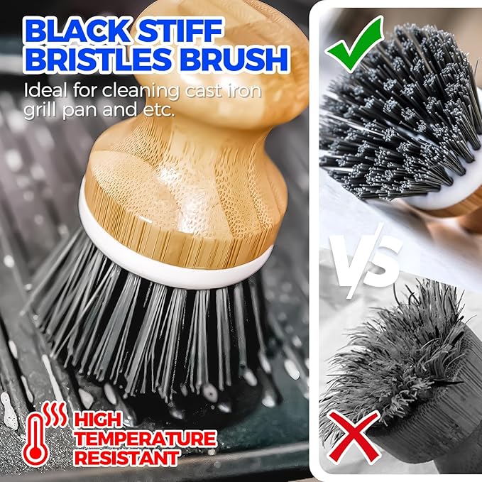 Holikme 6 Pack Dish Brush Scouring Pad Set with Bottle Brush, Dish Brush, Palm Scrub Brush and Straw Brush, Dish Scrubber Long Handle for Dish Bottle Cup Skillet Wok Pot Pan Cast Iron, Dark Gray - Image 3