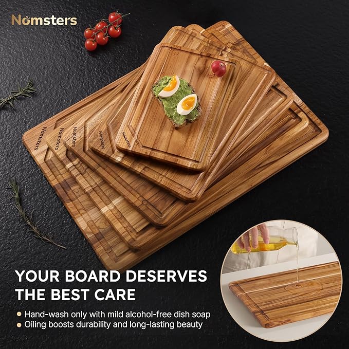 5 Pack Teak Wood Cutting Board Set for Kitchen with Holder Charcuterie Board Serving Heavy Duty Non Toxic Slip Hardwood Over Sink Solid Thick Wooden Chopping Board Large Big Small Best Essential Gift - Image 8