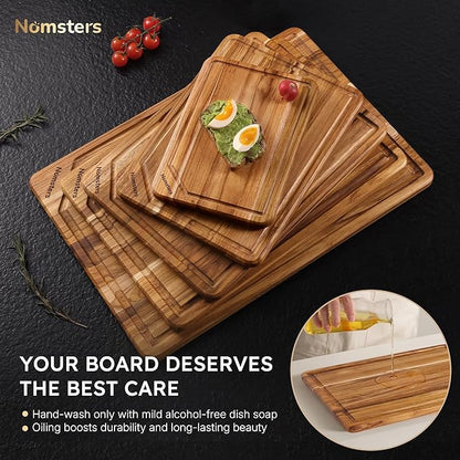 5 Pack Teak Wood Cutting Board Set for Kitchen with Holder Charcuterie Board Serving Heavy Duty Non Toxic Slip Hardwood Over Sink Solid Thick Wooden Chopping Board Large Big Small Best Essential Gift - Image 8