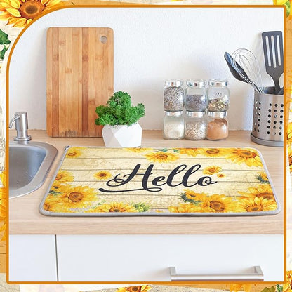 Zonon Dish Drying Mat for Kitchen Counter 16 x 24 Microfiber Absorbent Dish Drainer Rack Pads Fast Dry Mat Vintage Kitchen Decorations(Yellow,16" X 24",Sunflower) - Image 2