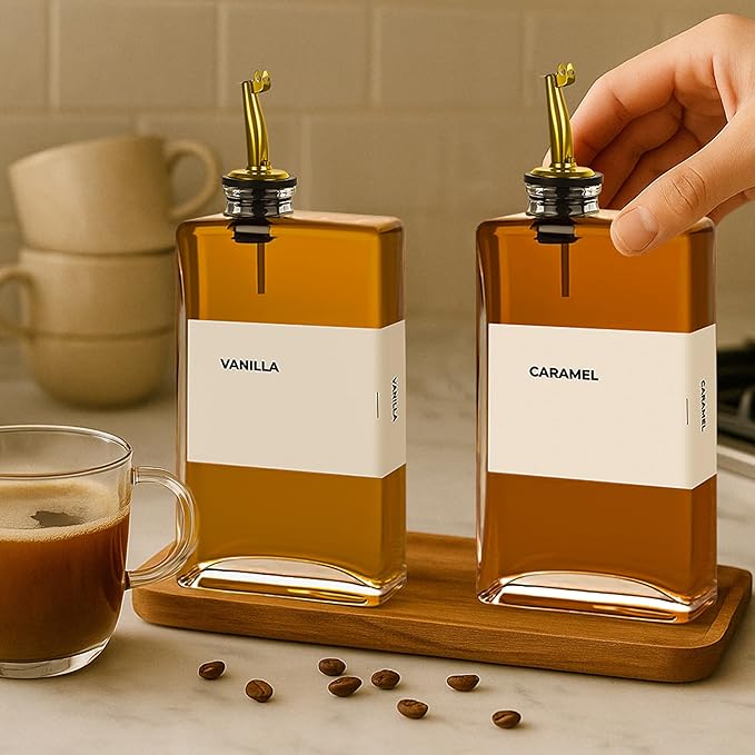 Spaceneat Olive Oil Dispenser Bottle - Includes 44 Kitchen Essential Labels - Cooking Oil Bottles for Kitchen, Coffee Syrup Dispenser - Pourer Spout with 11.8 fl oz Glass Container Cruet - 2pcs, Gold - Image 6