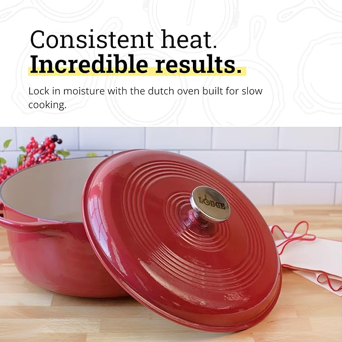 Lodge Essential Enamel Cast Iron Dutch Oven - Perfect for Bread Baking, Braising, Marinating & Slow Cooking - Features Moisture-Sealing Lid & Dual Handles - Kitchen Essentials - 6 Quarts - Cranberry - Image 3