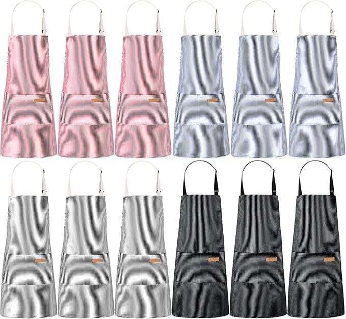 Handepo 12 Pcs Cotton Aprons for Women Men with Pockets Soft Adjustable Bib Stripe Aprons for Cooking Kitchen Chef by Handepo