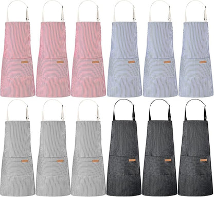 Handepo 12 Pcs Cotton Aprons for Women Men with Pockets Soft Adjustable Bib Stripe Aprons for Cooking Kitchen Chef by Handepo