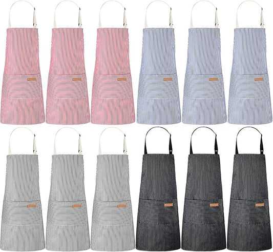 Handepo 12 Pcs Cotton Aprons for Women Men with Pockets Soft Adjustable Bib Stripe Aprons for Cooking Kitchen Chef by Handepo