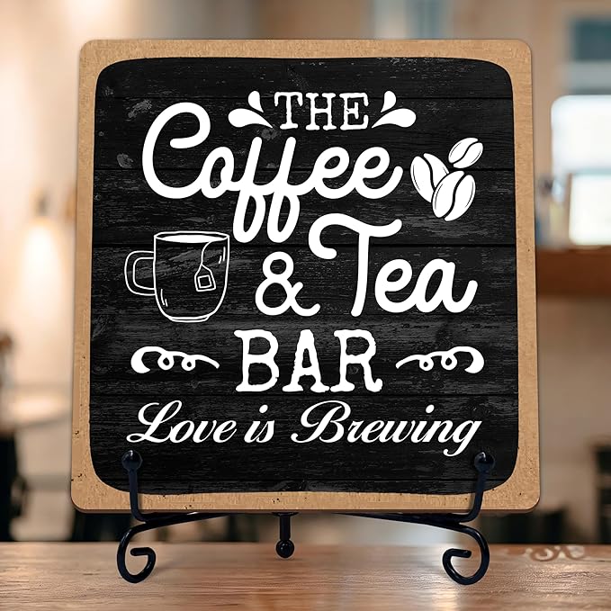 Coffee Bar Sign, Love is Brewing Farmhouse Tabletop Decor, Coffee and Tea Lover Gifts, 5x5 Wood Plaque with Iron Stand for Home Kitchen Cafe, Coffee Bar Decor – L04 by TIRYWT