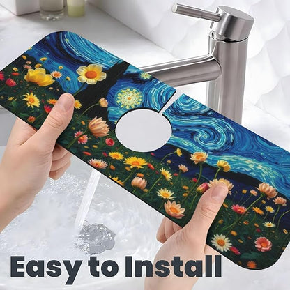 Starry Night Flowers Dish Drying Mat for Kitchen Counter, 16"x18" Microfiber Absorbent Fast Dry Mat, 2Pcs Dish Mat Faucet Mats Sets, Large Drying Kitchen Mat Kitchen Drying Pad