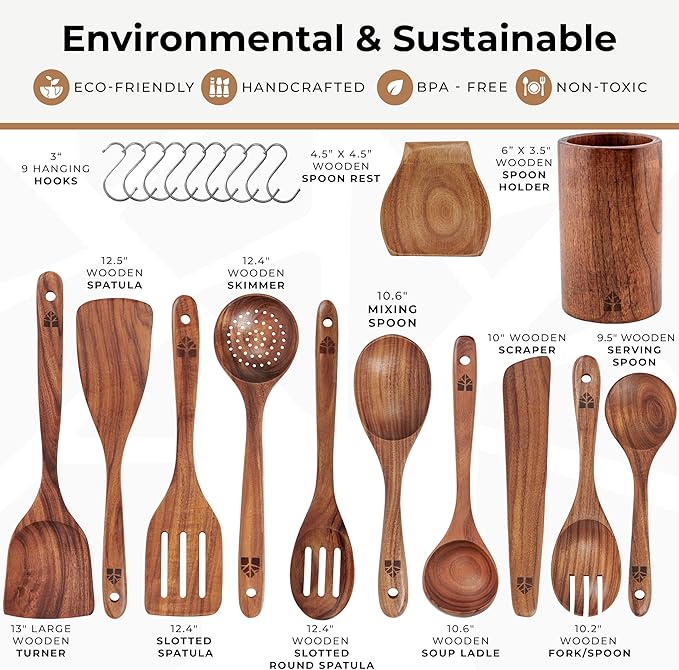 Wooden Spoons for Cooking – Wooden Cooking Utensils Set with Holder, Spoon Rest & Hooks, Teak Wood Nonstick Kitchen Cookware – Durable Set of 12pcs by Woodenhouse - Image 4